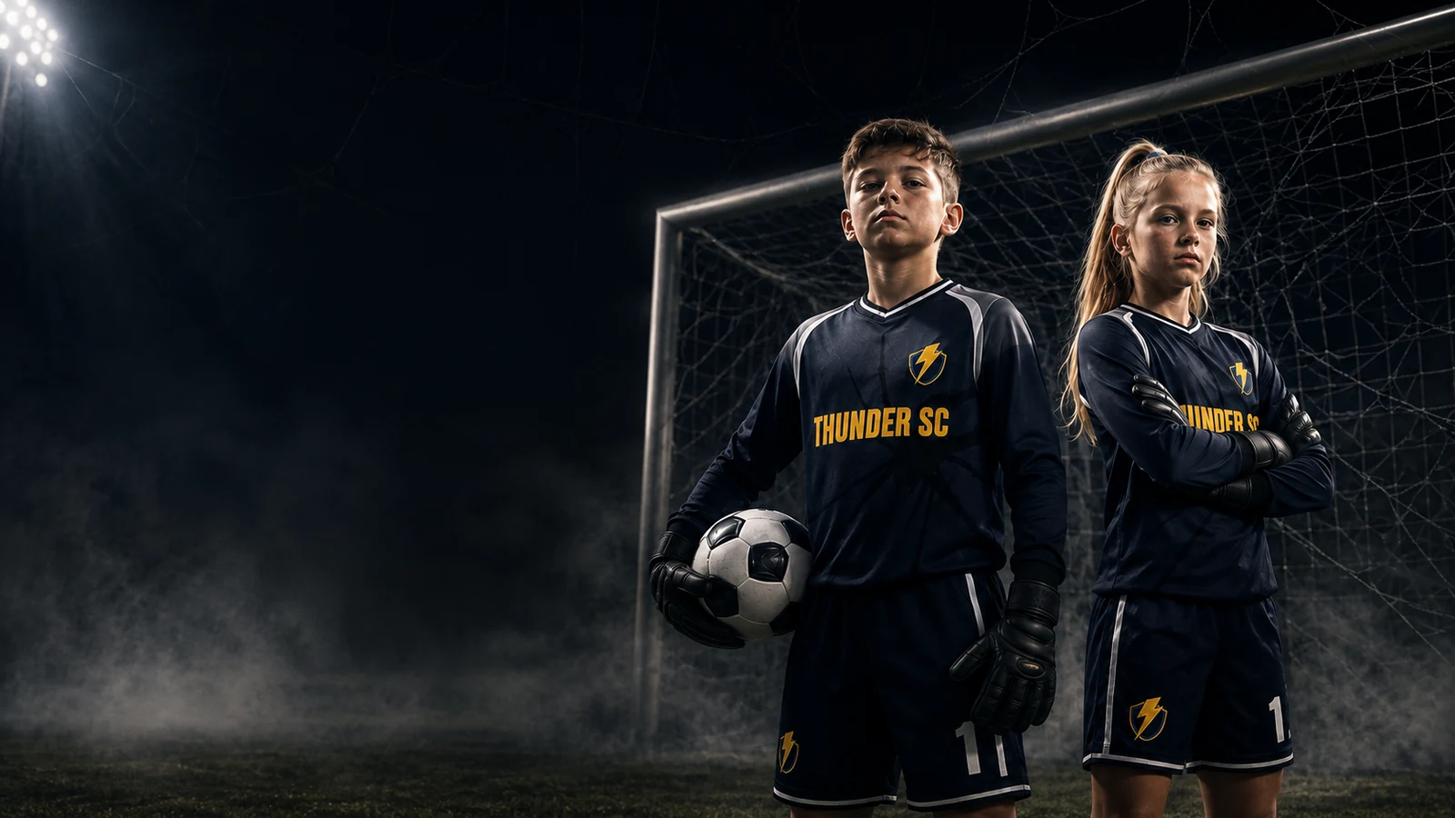 Thunder SC goalkeepers standing in front of the goal in Black Spider academy uniforms