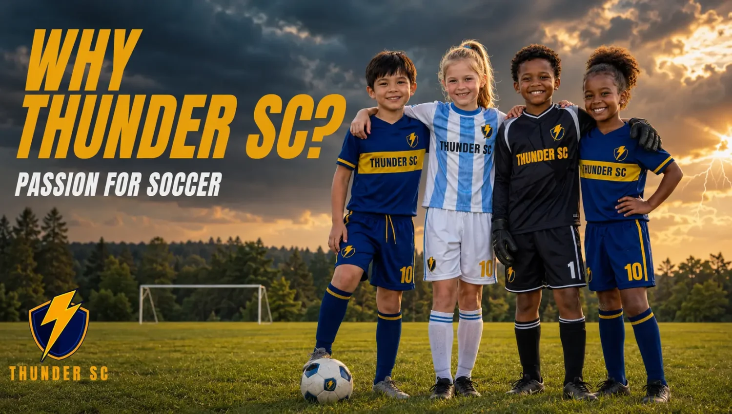 Thunder Soccer Club youth players wearing home, away, and goalkeeper uniforms on a soccer field